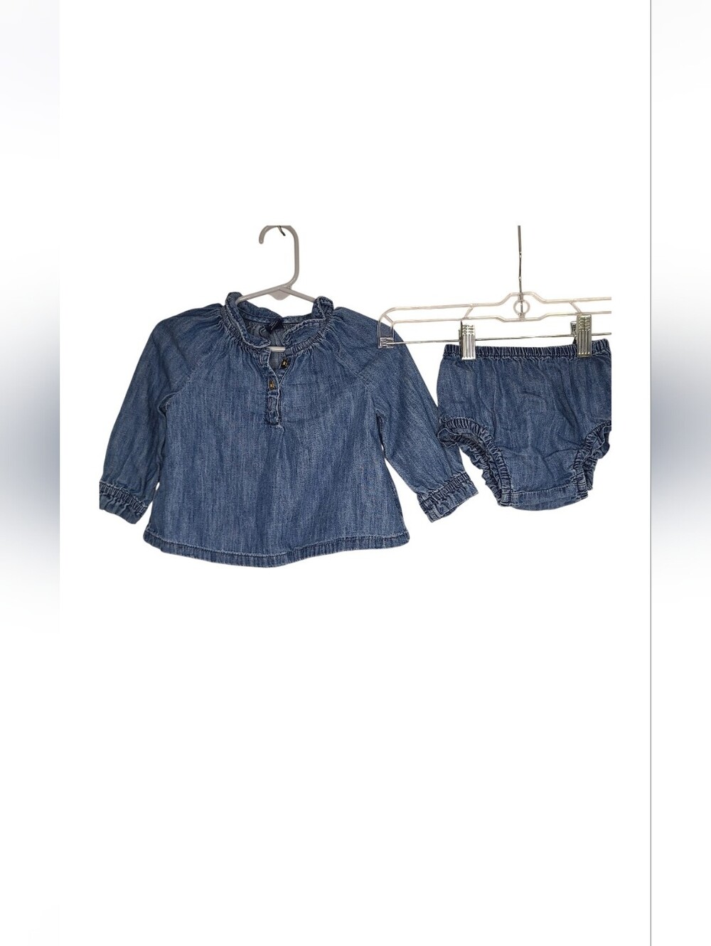 Baby Gap Cat Button Denim Long Sleeve Bubble Top & Bloomer Set